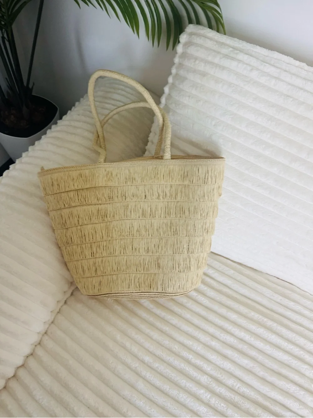 Woven Straw Tote Bag with Brown Logo Accent